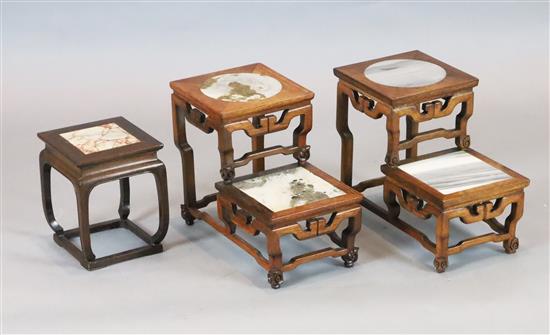 A pair of Chinese hardwood two tier vase stands, width 17cm, depth 17cm, height 21cm